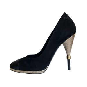 Chanel CC Logo Black Suede Gold Heel Pumps Cap Toe Heels G32233 EU 36